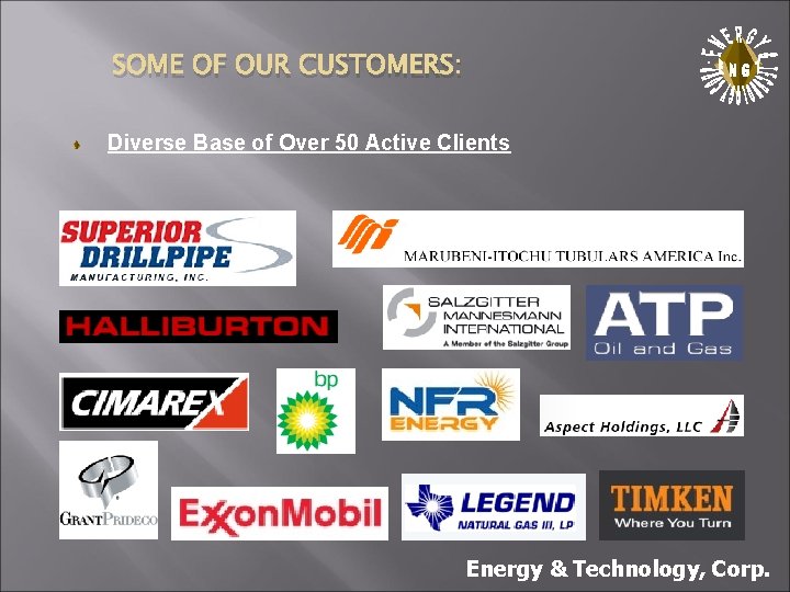 . SOME OF OUR CUSTOMERS: Diverse Base of Over 50 Active Clients Energy &