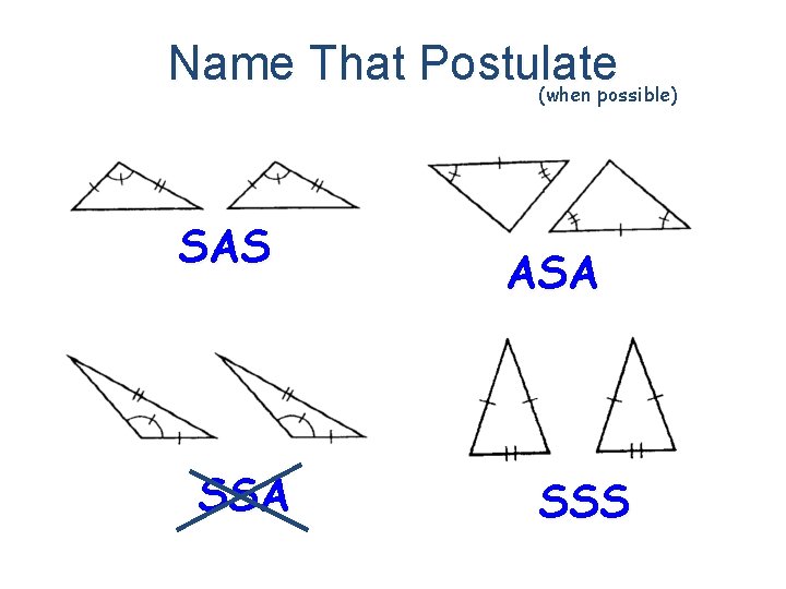 Name That Postulate (when possible) SAS SSA ASA SSS 