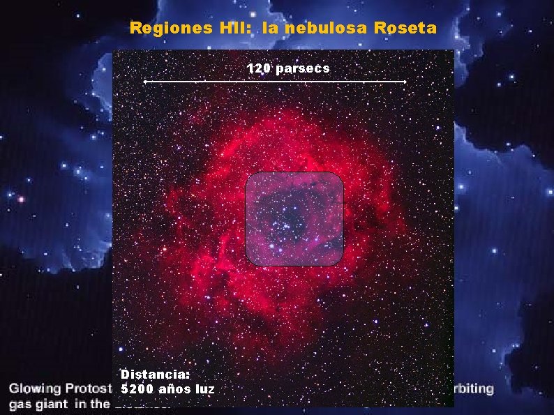 Regiones HII: la nebulosa Roseta 120 parsecs Distancia: 5200 años luz 