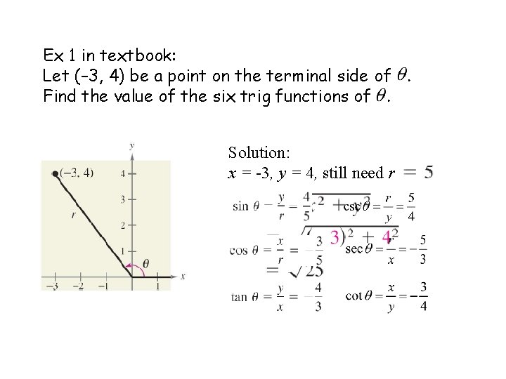 Ex 1 in textbook: Let (– 3, 4) be a point on the terminal