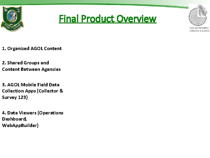 Final Product Overview 1. Organized AGOL Content 2. Shared Groups and Content Between Agencies