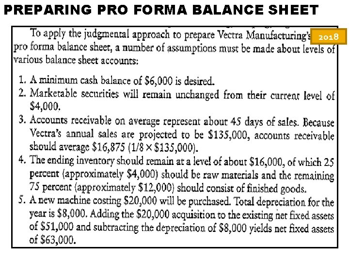 PREPARING PRO FORMA BALANCE SHEET 2018 