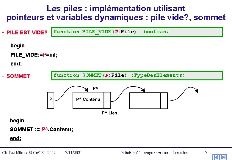 Les piles : implémentation utilisant pointeurs et variables dynamiques : pile vide? , sommet