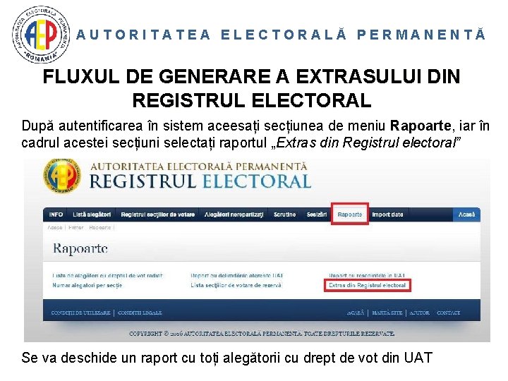 AUTORITATEA ELECTORALĂ PERMANENTĂ FLUXUL DE GENERARE A EXTRASULUI DIN REGISTRUL ELECTORAL După autentificarea în