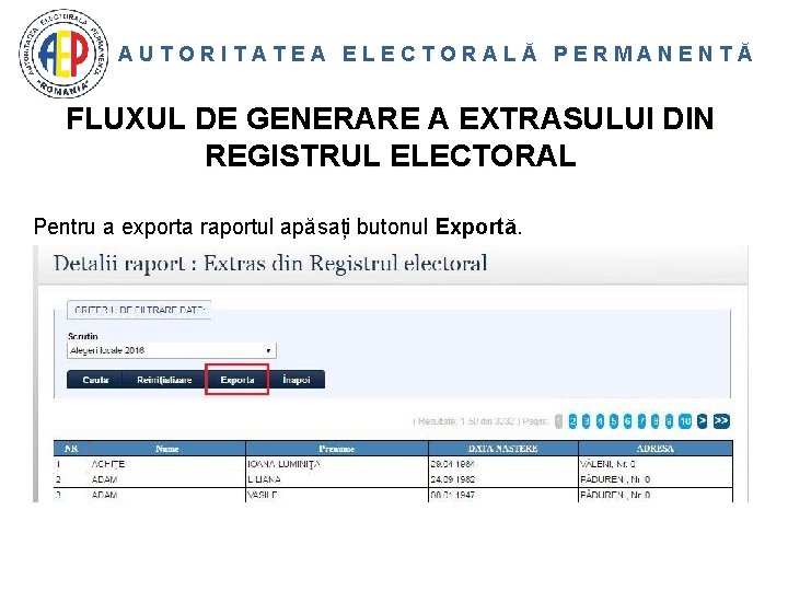 AUTORITATEA ELECTORALĂ PERMANENTĂ FLUXUL DE GENERARE A EXTRASULUI DIN REGISTRUL ELECTORAL Pentru a exporta