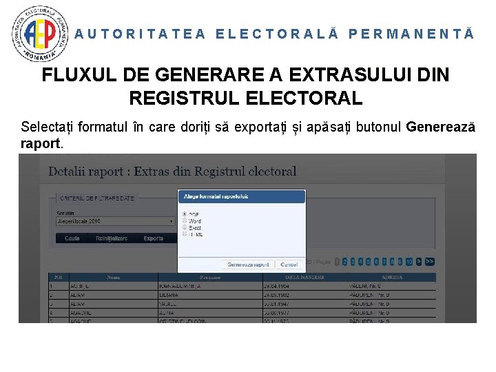 AUTORITATEA ELECTORALĂ PERMANENTĂ FLUXUL DE GENERARE A EXTRASULUI DIN REGISTRUL ELECTORAL Selectați formatul în