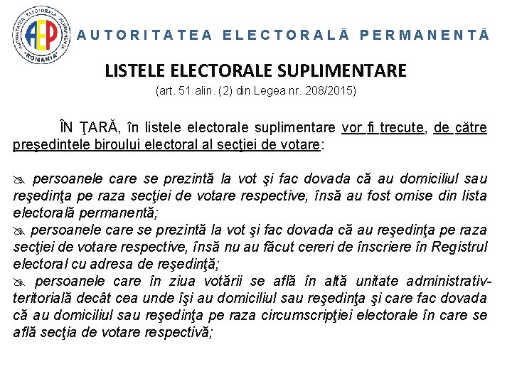 AUTORITATEA ELECTORALĂ PERMANENTĂ LISTELE ELECTORALE SUPLIMENTARE (art. 51 alin. (2) din Legea nr. 208/2015)