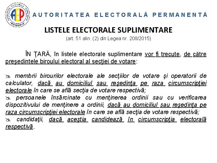 AUTORITATEA ELECTORALĂ PERMANENTĂ LISTELE ELECTORALE SUPLIMENTARE (art. 51 alin. (2) din Legea nr. 208/2015)