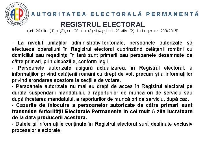 AUTORITATEA ELECTORALĂ PERMANENTĂ REGISTRUL ELECTORAL (art. 26 alin. (1) și (3), art. 28 alin.