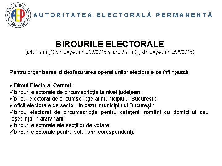 AUTORITATEA ELECTORALĂ PERMANENTĂ BIROURILE ELECTORALE (art. 7 alin (1) din Legea nr. 208/2015 și