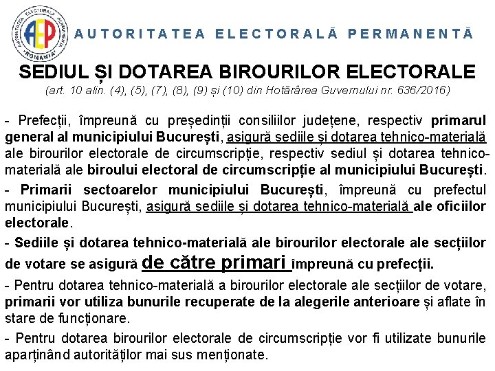 AUTORITATEA ELECTORALĂ PERMANENTĂ SEDIUL ȘI DOTAREA BIROURILOR ELECTORALE (art. 10 alin. (4), (5), (7),