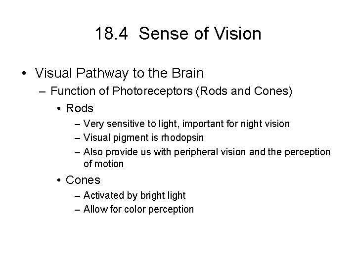 18. 4 Sense of Vision • Visual Pathway to the Brain – Function of