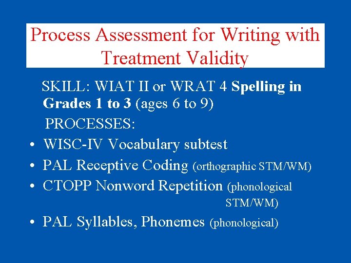 Process Assessment for Writing with Treatment Validity SKILL: WIAT II or WRAT 4 Spelling