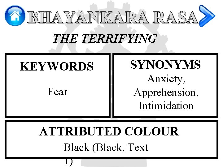 BHAYANKARA RASA THE TERRIFYING KEYWORDS Fear SYNONYMS Anxiety, Apprehension, Intimidation ATTRIBUTED COLOUR Black (Black,