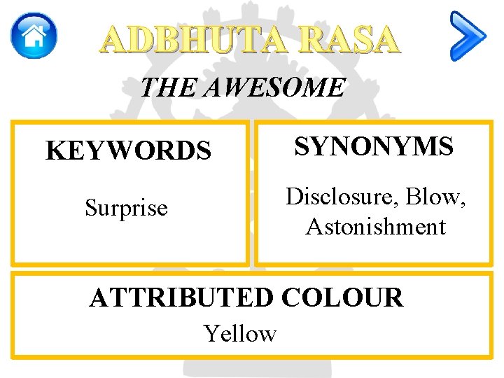 ADBHUTA RASA THE AWESOME KEYWORDS SYNONYMS Surprise Disclosure, Blow, Astonishment ATTRIBUTED COLOUR Yellow 