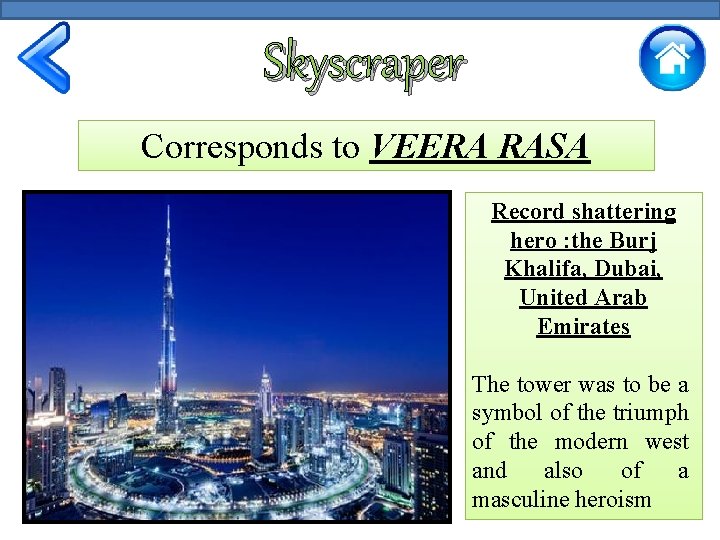 Skyscraper Corresponds to VEERA RASA Record shattering hero : the Burj Khalifa, Dubai, United