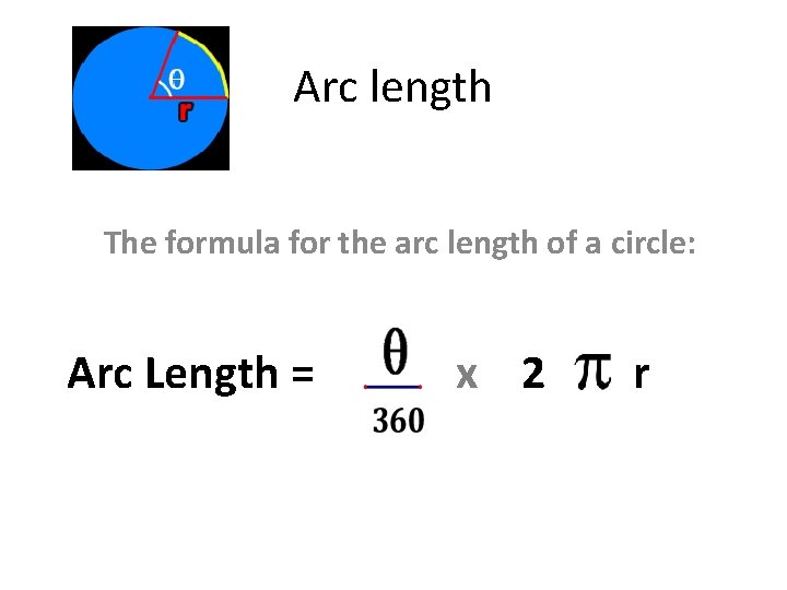 Arc length The formula for the arc length of a circle: Arc Length = Arc length The formula for the arc length of a circle: Arc Length =