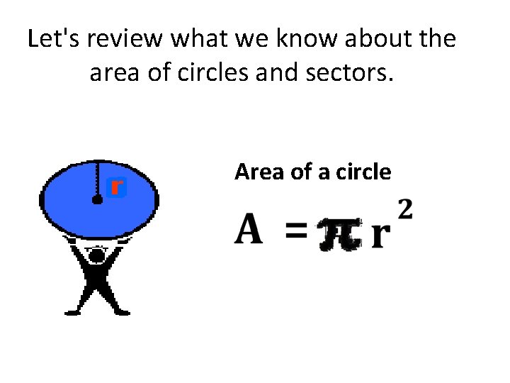 Let's review what we know about the area of circles and sectors. Area of Let's review what we know about the area of circles and sectors. Area of