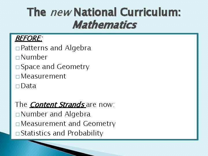 The new National Curriculum: Mathematics BEFORE: � Patterns � Number and Algebra � Space