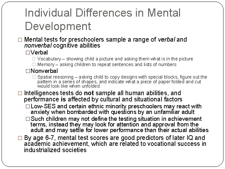 Individual Differences in Mental Development � Mental tests for preschoolers sample a range of