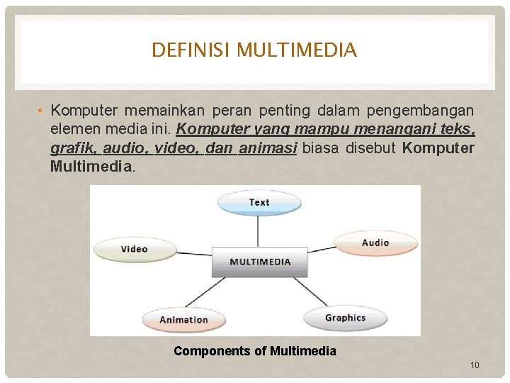 DEFINISI MULTIMEDIA • Komputer memainkan peran penting dalam pengembangan elemen media ini. Komputer yang