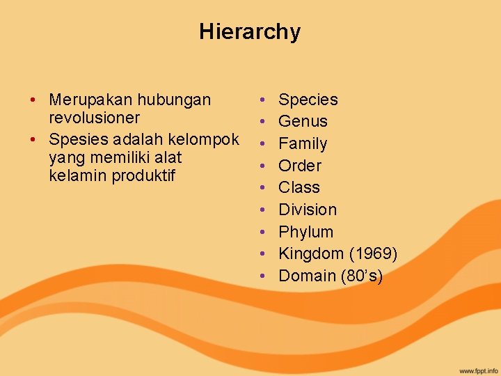 Hierarchy • Merupakan hubungan revolusioner • Spesies adalah kelompok yang memiliki alat kelamin produktif
