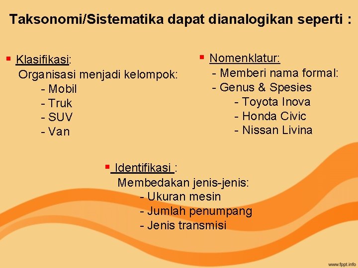 Taksonomi/Sistematika dapat dianalogikan seperti : § Nomenklatur: § Klasifikasi: Organisasi menjadi kelompok: - Mobil