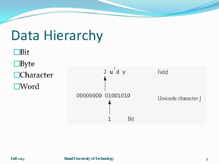 Data Hierarchy �Bit �Byte �Character �Word Fall 2013 Sharif University of Technology 5 