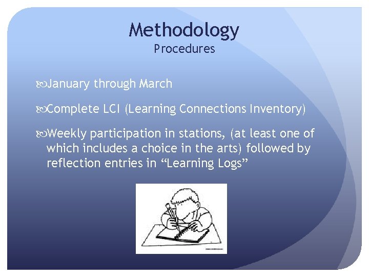 Methodology Procedures January through March Complete LCI (Learning Connections Inventory) Weekly participation in stations,
