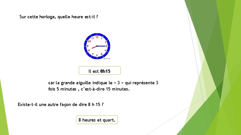 Sur cette horloge, quelle heure est-il ? Il est 8 h 15 car la