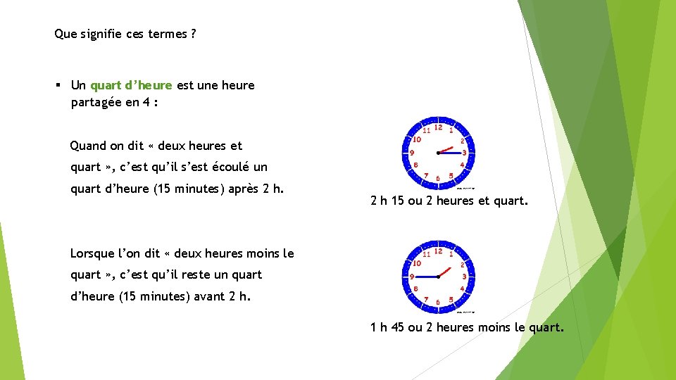 Que signifie ces termes ? § Un quart d’heure est une heure partagée en