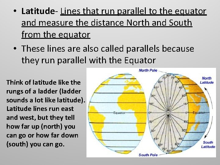  • Latitude- Lines that run parallel to the equator and measure the distance