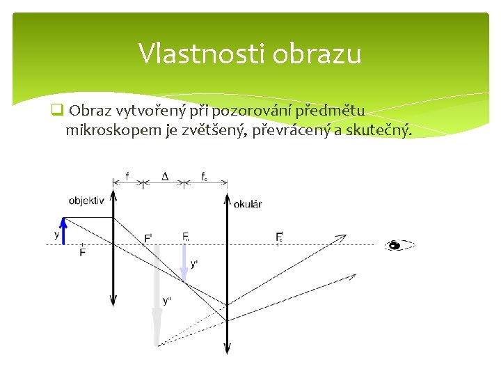 Vlastnosti obrazu q Obraz vytvořený při pozorování předmětu mikroskopem je zvětšený, převrácený a skutečný.