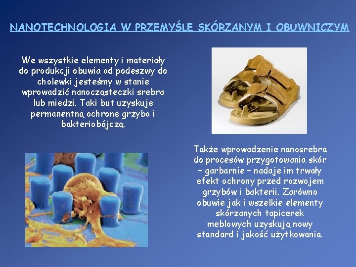 NANOTECHNOLOGIA W PRZEMYŚLE SKÓRZANYM I OBUWNICZYM We wszystkie elementy i materiały do produkcji obuwia