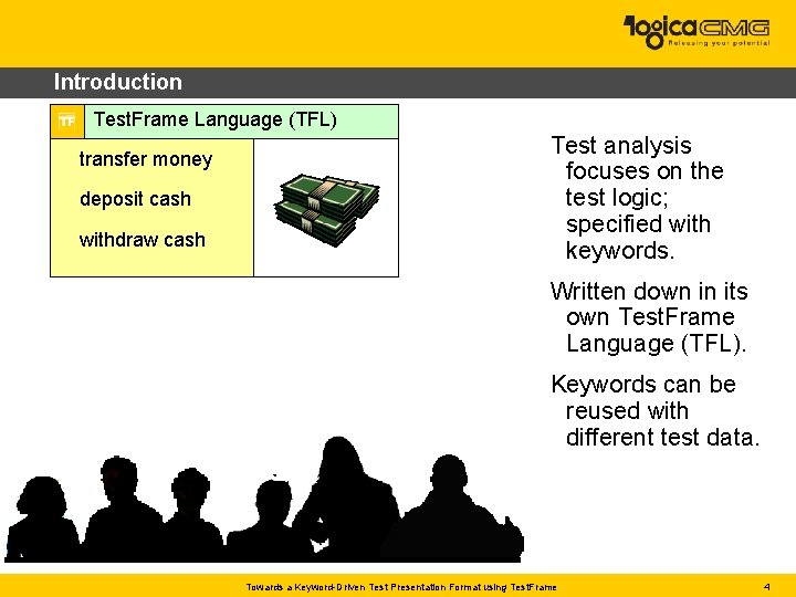 Introduction Test. Frame Language (TFL) transfer money deposit cash withdraw cash Test analysis focuses