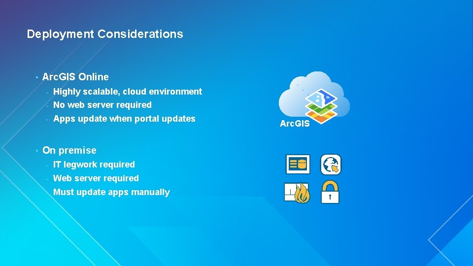 Deployment Considerations • • Arc. GIS Online - Highly scalable, cloud environment - No