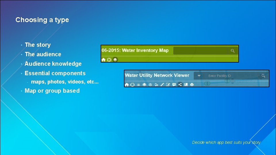Choosing a type • The story • The audience • Audience knowledge • Essential