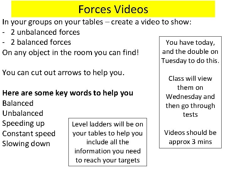 Forces Videos In your groups on your tables – create a video to show: