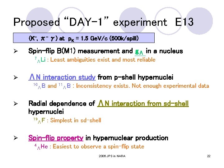 Proposed “DAY-1” experiment E 13 (K-, π- γ) at p. K = 1. 5 Ge. Proposed “DAY-1” experiment E 13 (K-, π- γ) at p. K = 1. 5 Ge.