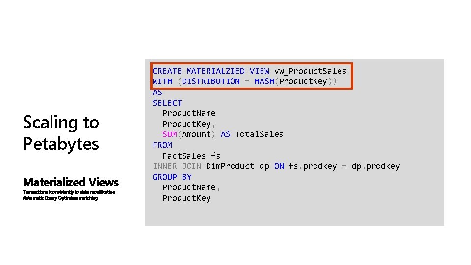 Scaling to Petabytes Materialized Views Transactional consistently to data modification Automatic Query Optimizer matching