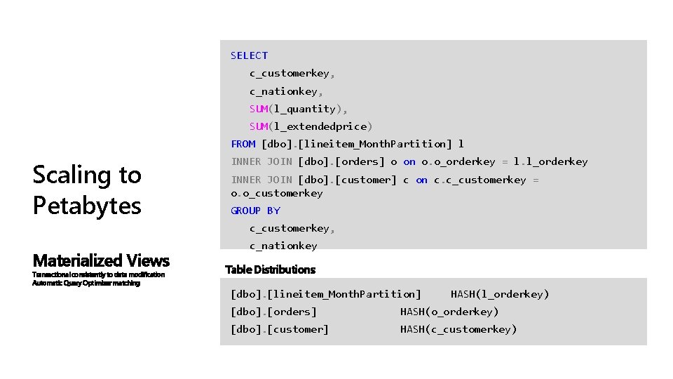 SELECT c_customerkey, c_nationkey, SUM(l_quantity), SUM(l_extendedprice) FROM [dbo]. [lineitem_Month. Partition] l Scaling to Petabytes INNER