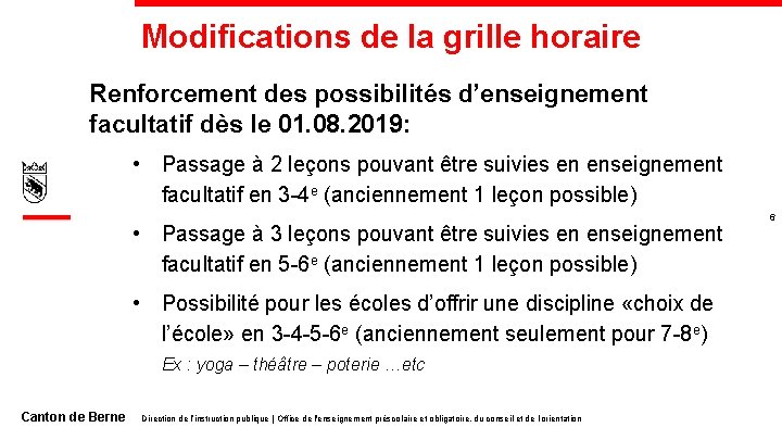 Modifications de la grille horaire Renforcement des possibilités d’enseignement facultatif dès le 01. 08.