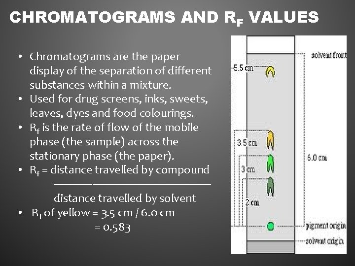 CHROMATOGRAMS AND RF VALUES • Chromatograms are the paper display of the separation of