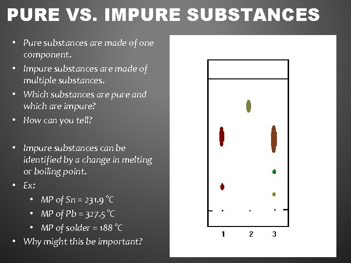 PURE VS. IMPURE SUBSTANCES • Pure substances are made of one component. • Impure