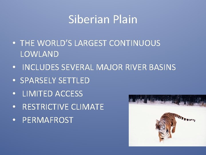 Siberian Plain • THE WORLD’S LARGEST CONTINUOUS LOWLAND • INCLUDES SEVERAL MAJOR RIVER BASINS