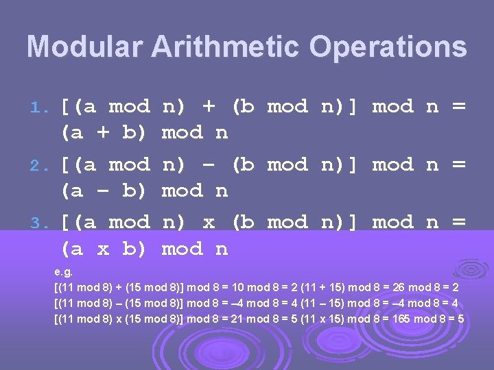 Modular Arithmetic Operations [(a mod (a + b) 2. [(a mod (a – b)