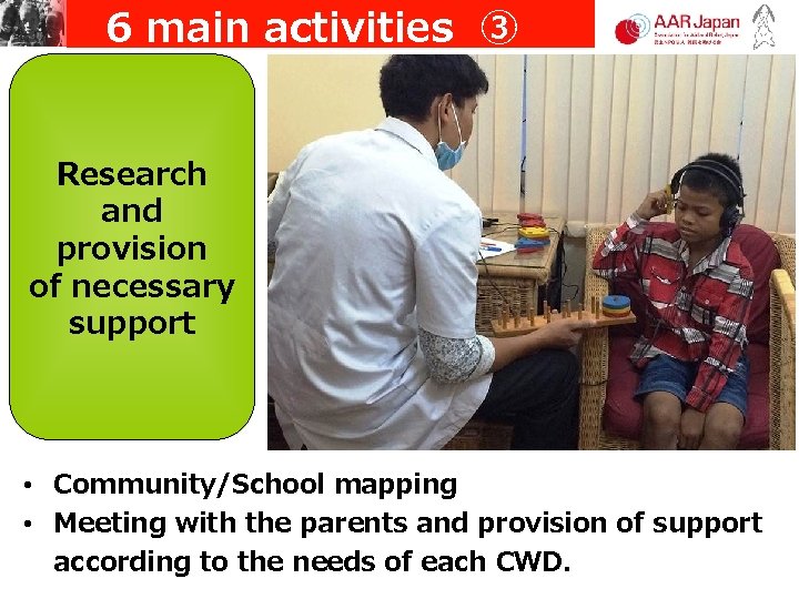 6 main activities ③ Research and provision of necessary support • Community/School mapping • Meeting 6 main activities ③ Research and provision of necessary support • Community/School mapping • Meeting