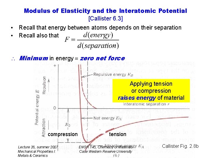 Modulus of Elasticity and the Interatomic Potential [Callister 6. 3] • Recall that energy
