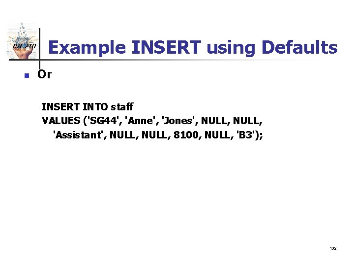 IST 210 n Example INSERT using Defaults Or INSERT INTO staff VALUES ('SG 44',