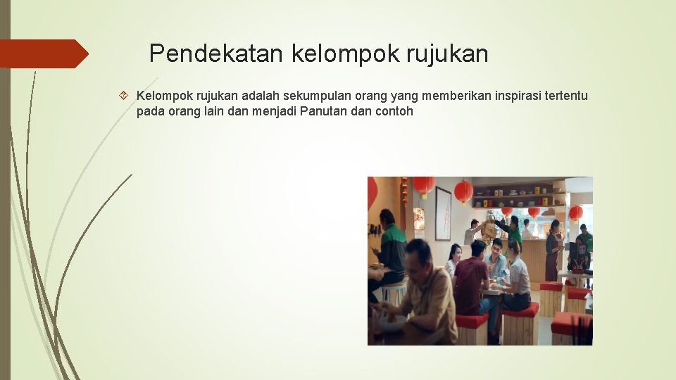 Pendekatan kelompok rujukan Kelompok rujukan adalah sekumpulan orang yang memberikan inspirasi tertentu pada orang Pendekatan kelompok rujukan Kelompok rujukan adalah sekumpulan orang yang memberikan inspirasi tertentu pada orang